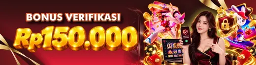 Spanduk bonus verifikasi Rp150.000 dengan layar ponsel Verifikasi Berhasil